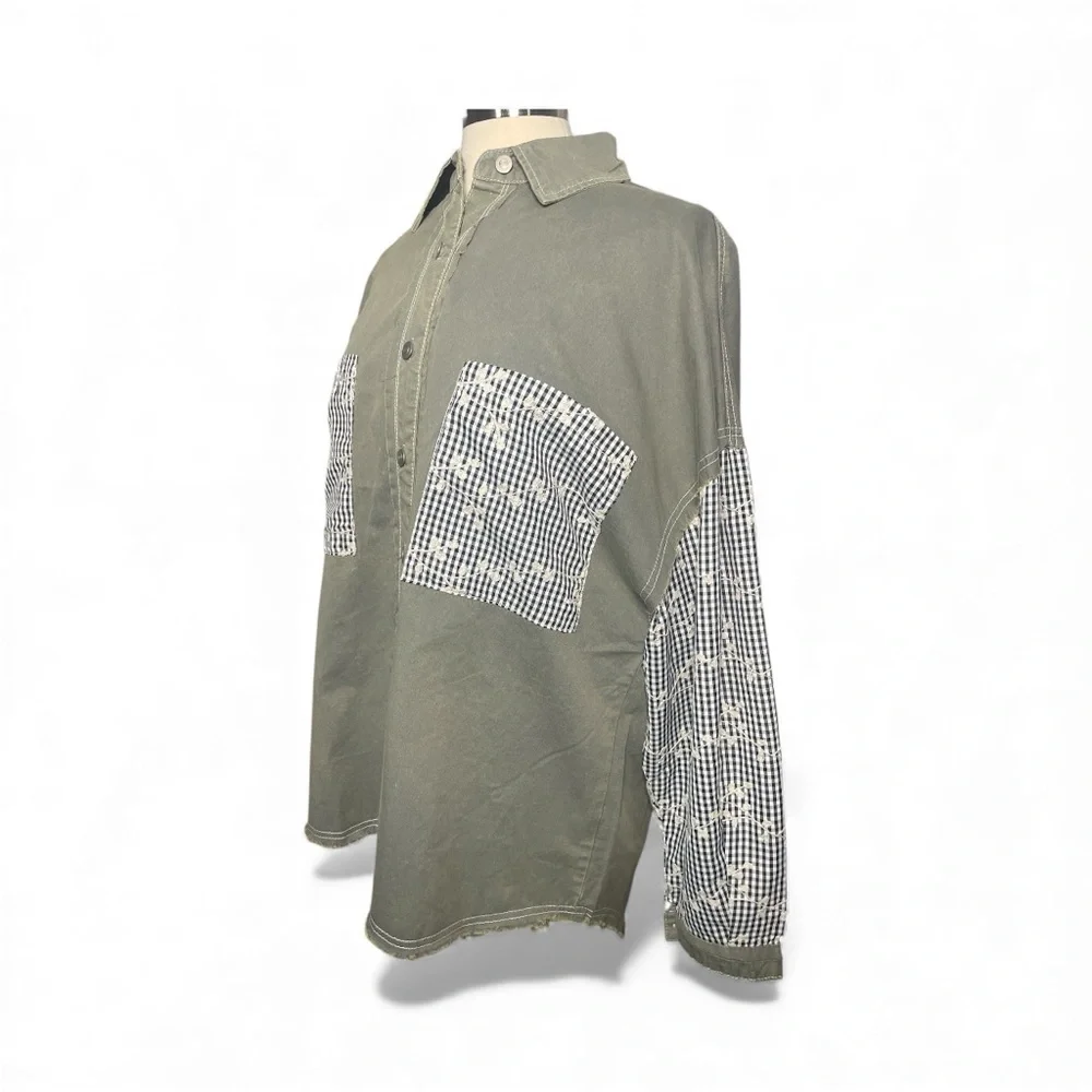 POL Oversized Patchwork Gingham Embroidered Sleeve 100% Cotton Shacket - Picture 5 of 8